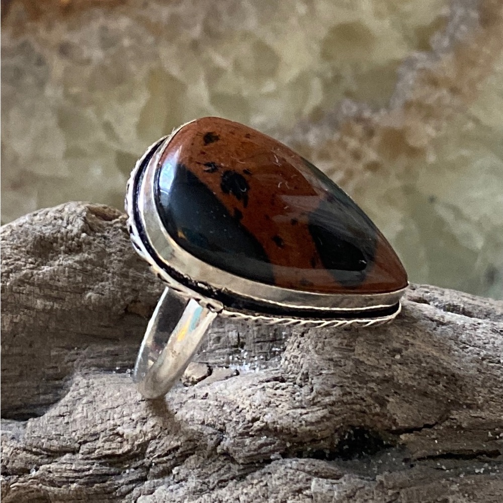 Mahogany Obsidian Gemstone Ring, Stamped .925 Sterling Silver over Brass.